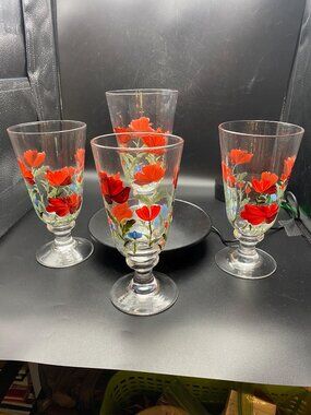Noble Excellence Hand Painted Red Poppy Goblets Set of 4